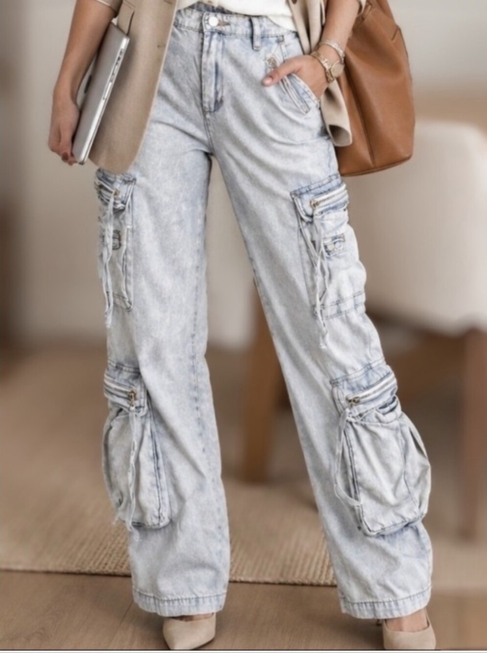 NWT BlankNYC Franklin Rib Cage Cargo Jeans Light Wash Denim Pants Size 27 NEW